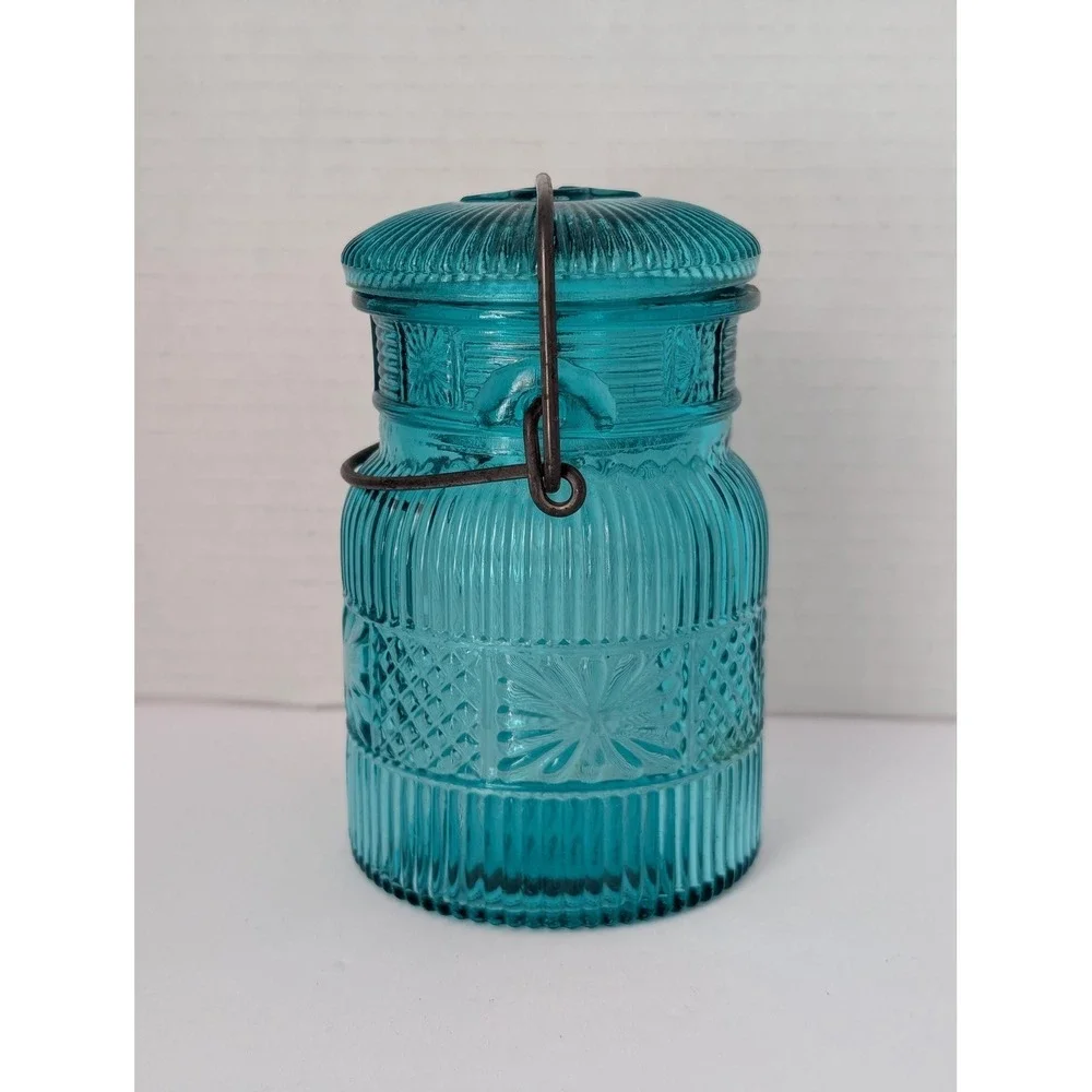 Vintage Avon teal blue glass jar mason collectable wire bail clamp on lid